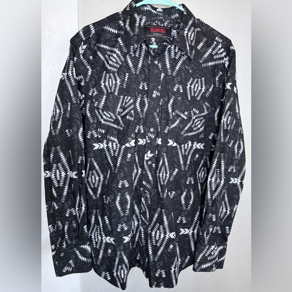 Rock & Roll Black White Southwestern Print long sleeve snap shirt men L